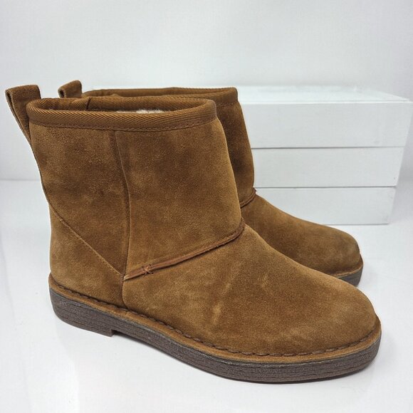 Clarks Womens 6 Boots Winter Suede Faux Fur Short Cognac Brown Drafty Day Comfy - Picture 5 of 10